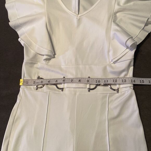 Women’s White Jumpsuit with Ruffles and Silver Waist Detail Size M **READ - Picture 6 of 10